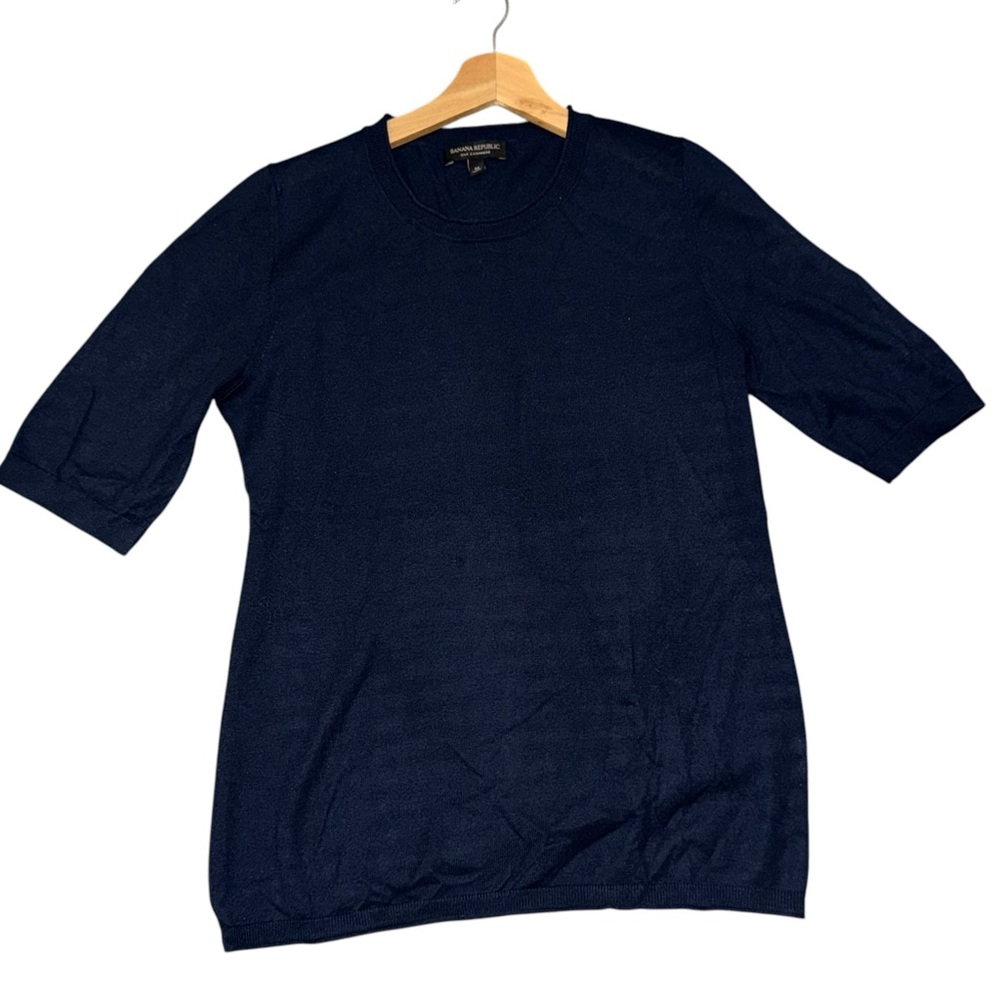 Silk Cashmere Blend Blue ribbed 3/4 Sleeve Knit Top